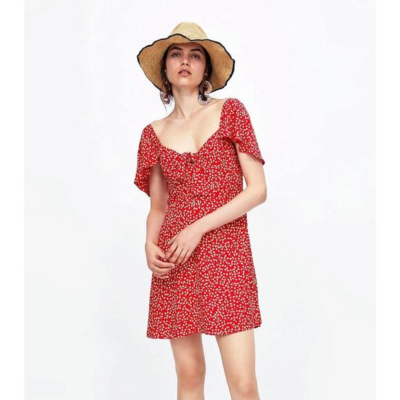 Zara Red Floral Sweetheart Neck Flutter Sleeve Bow Smocked Back Mini Dress Sz S - Picture 7 of 7